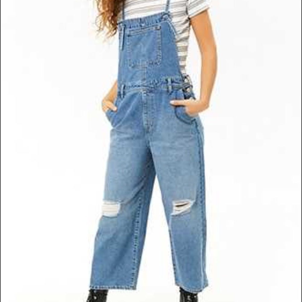 SOLD Denim wide legged distressed overalls